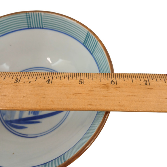 Vintage Japanese Porcelain Bowl with Blue Dog Motif & Striped Rim Hand-Painted - Picture 10 of 10